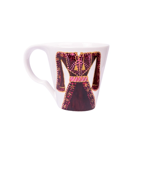 White Mug with Hand Painted Design of an Elegantly Embroidered Dress