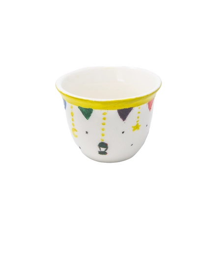 White Arabic Coffee Cup Adorned with Ramadan Inspired Drawings