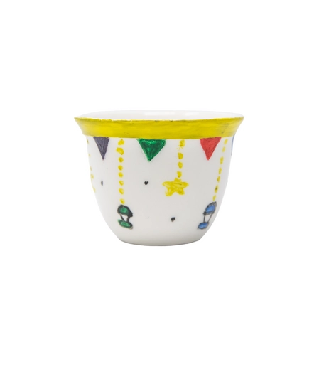 White Arabic Coffee Cup Adorned with Ramadan Inspired Drawings