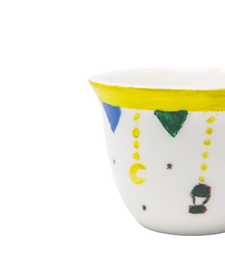 White Arabic Coffee Cup Adorned with Ramadan Inspired Drawings