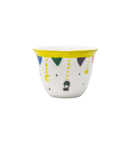 White Arabic Coffee Cup Adorned with Ramadan Inspired Drawings