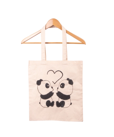 Handmade Beige Tote Bag with a Cute Panda Design 