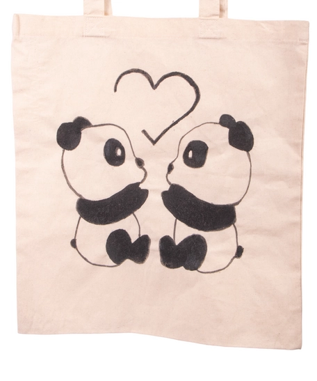 Handmade Beige Tote Bag with a Cute Panda Design 