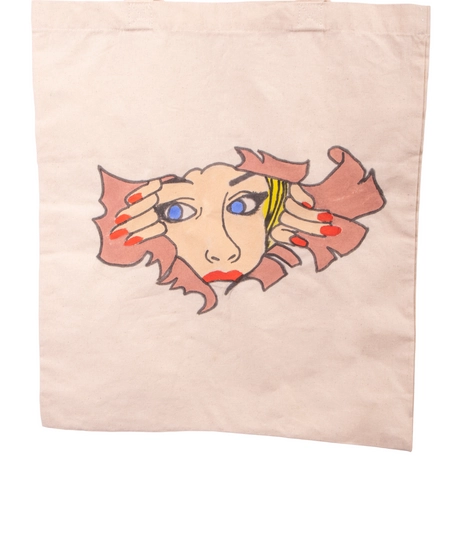 Fabric Beige Tote Bag with Printed Design of a Girl