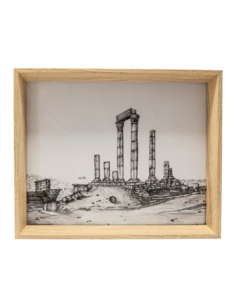 Black And White Drawing Of Amman Citadel (Jabal Al Qala'a) In A Wooden Frame