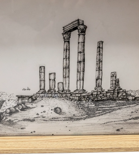 Black And White Drawing Of Amman Citadel (Jabal Al Qala'a) In A Wooden Frame