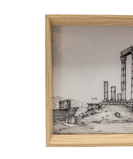 Black And White Drawing Of Amman Citadel (Jabal Al Qala'a) In A Wooden Frame