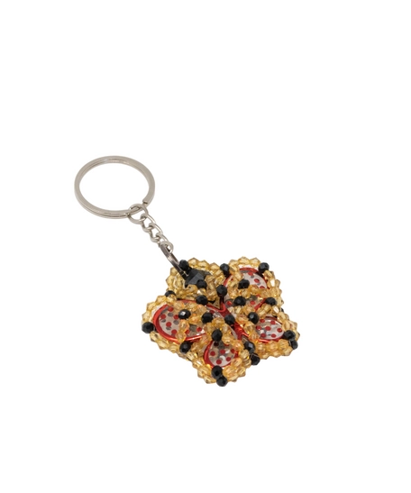 Key Chain In The Form of a Red Butterfly Surrounded by Yellow and Black Beads