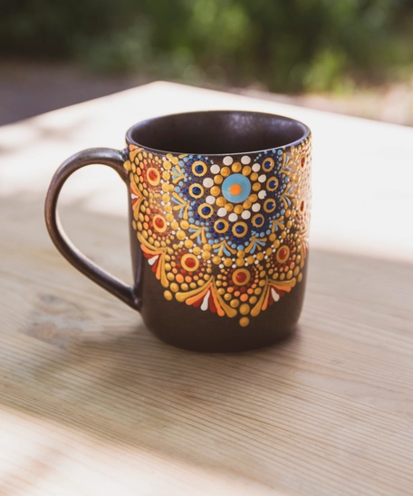 Gray Ceramic Mug Adorned with Mandala Drawings