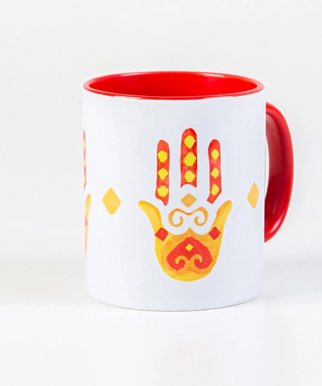 White & Red Ceramic Mug with a Printed Design of Hamsa