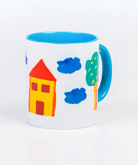 Blue and. White Ceramic Mug Adorned with Colorful Printed Design of Hand-drawn House