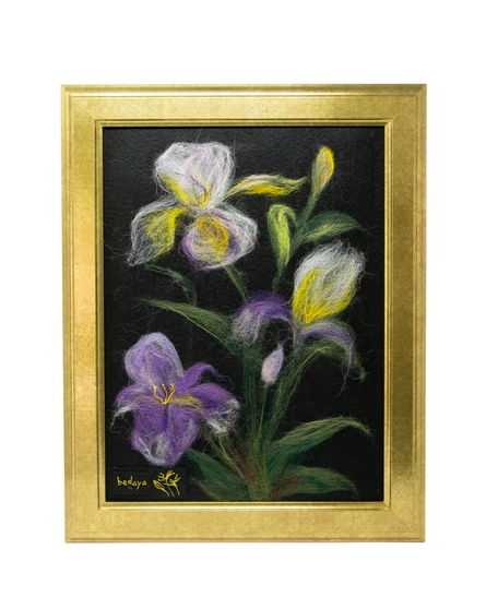 Handmade Wool Painting of Purple Lilies and a Golden Frame