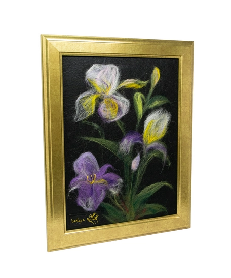 Handmade Wool Painting of Purple Lilies and a Golden Frame