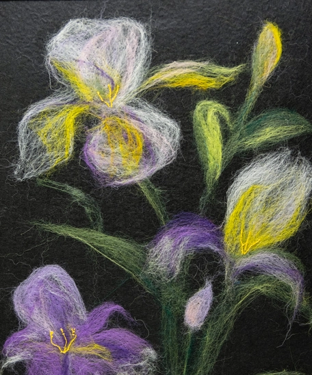 Handmade Wool Painting of Purple Lilies and a Golden Frame