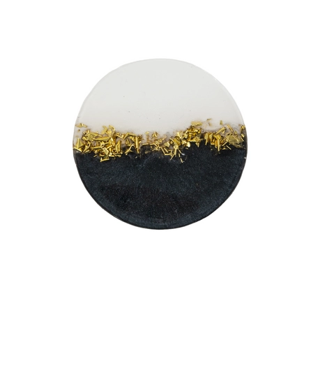 Round Resin Coaster in Black and White with Shiny Golden Glitters