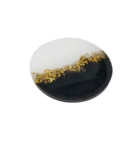 Round Resin Coaster in Black and White with Shiny Golden Glitters