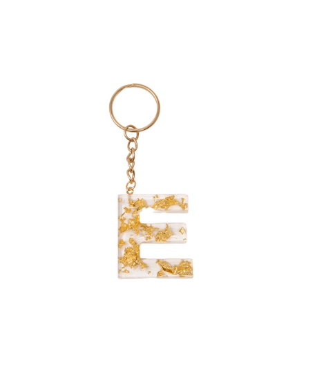 Handmade Transparent Resin Keychain in the Shape of the Letter E with Golden Sparkles