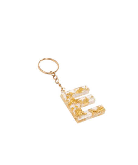 Handmade Transparent Resin Keychain in the Shape of the Letter E with Golden Sparkles