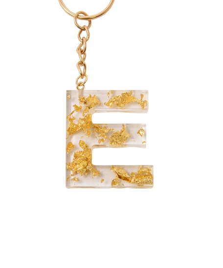 Handmade Transparent Resin Keychain in the Shape of the Letter E with Golden Sparkles