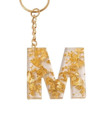 Initial Keychain letter M - Made of Transparent Resin with Shiny Golden Pieces 