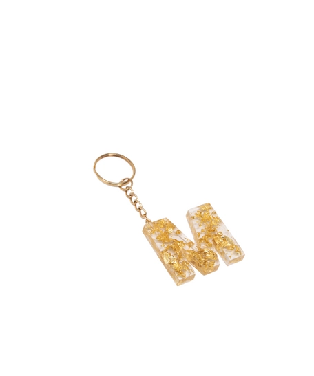 Initial Keychain letter M - Made of Transparent Resin with Shiny Golden Pieces 