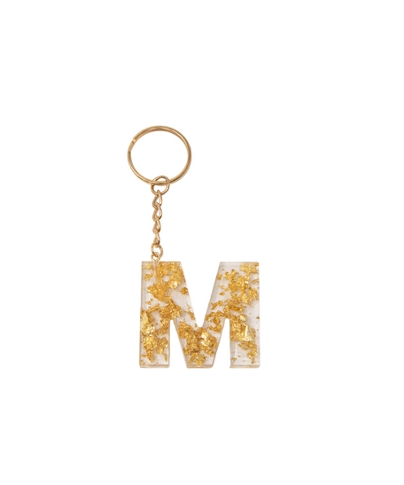 Initial Keychain letter M - Made of Transparent Resin with Shiny Golden Pieces 