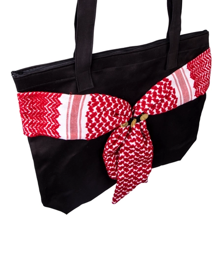 Medium Sized Black Handbag Decorated with a Traditional Red Shemagh