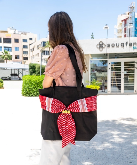 Medium Sized Black Handbag Decorated with a Traditional Red Shemagh