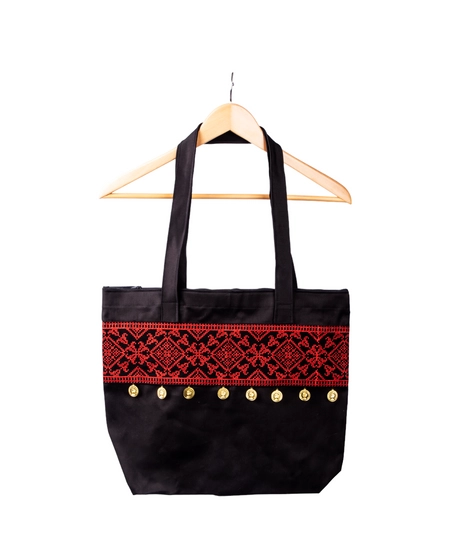 Black Shopping Bag Decorated with Red Embroidery and Gold Coins