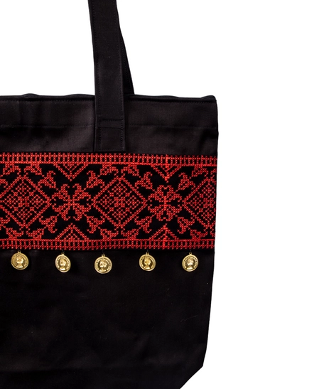 Black Shopping Bag Decorated with Red Embroidery and Gold Coins