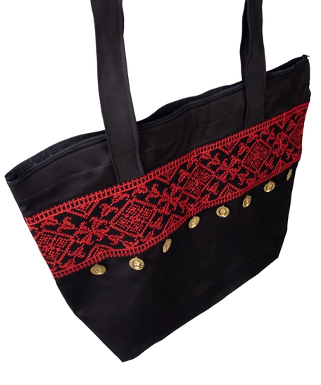 Black Shopping Bag Decorated with Red Embroidery and Gold Coins