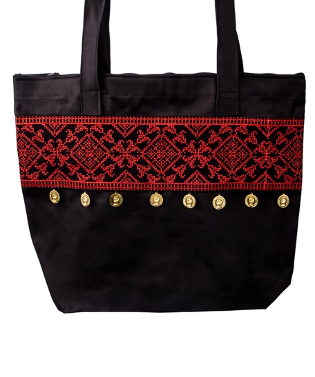 Black Shopping Bag Decorated with Red Embroidery and Gold Coins