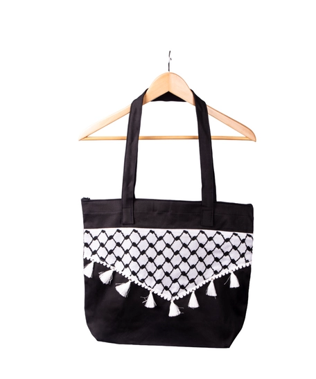 High Quality Black Shopping Bag Decorated with a Palestinian Keffiyeh and White Tassels