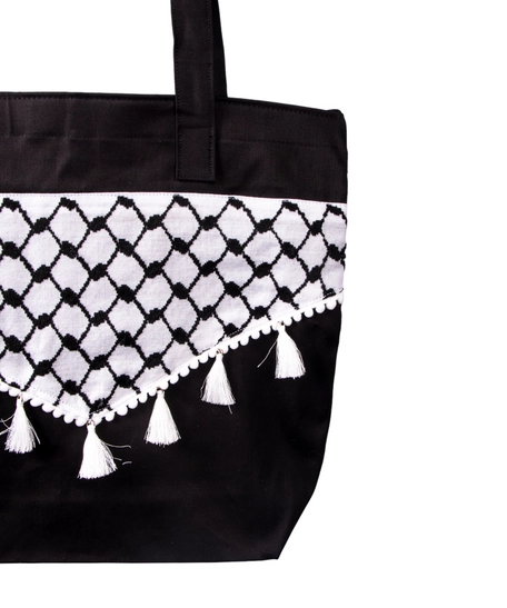 High Quality Black Shopping Bag Decorated with a Palestinian Keffiyeh and White Tassels