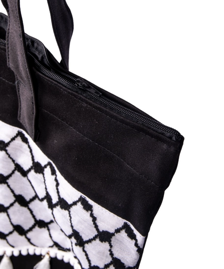 High Quality Black Shopping Bag Decorated with a Palestinian Keffiyeh and White Tassels