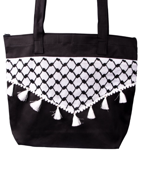 High Quality Black Shopping Bag Decorated with a Palestinian Keffiyeh and White Tassels