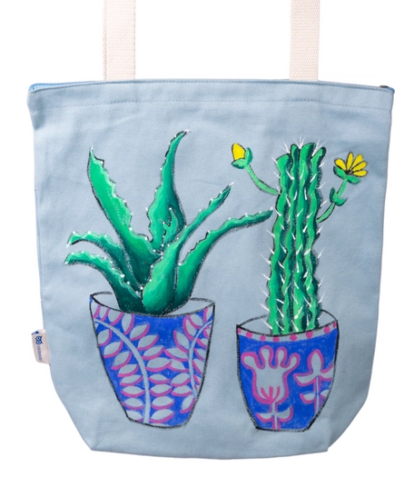 Handmade Blue Tote Bag with Hand-drawn Design of Aloe Vera Plants