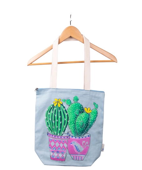 Handmade Blue Tote Bag with Hand-drawn Design of Aloe Vera Plants