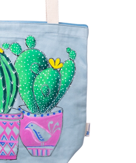 Handmade Blue Tote Bag with Hand-drawn Design of Aloe Vera Plants