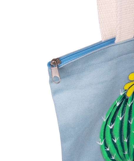 Handmade Blue Tote Bag with Hand-drawn Design of Aloe Vera Plants