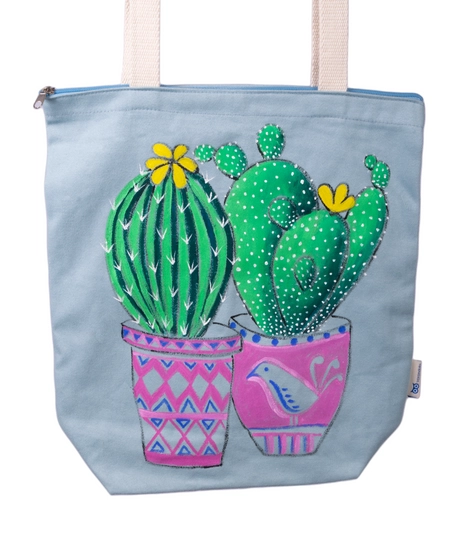 Handmade Blue Tote Bag with Hand-drawn Design of Aloe Vera Plants