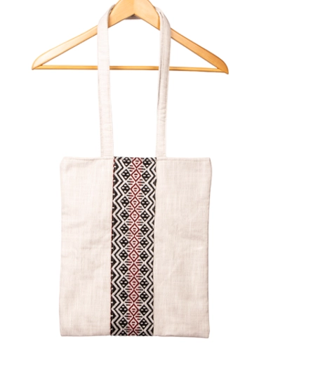 Beige Rectangular Canvas Tote Bag Embroidered with Black and Red Geometric Patterns