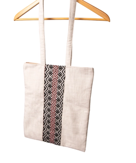 Beige Rectangular Canvas Tote Bag Embroidered with Black and Red Geometric Patterns