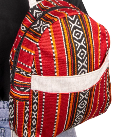 Practical Red Backpack Made of Durable Sadu Fabric with Bedouin Designs