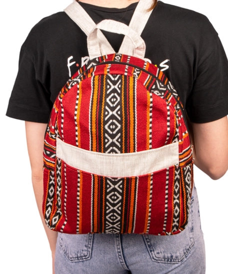 Practical Red Backpack Made of Durable Sadu Fabric with Bedouin Designs