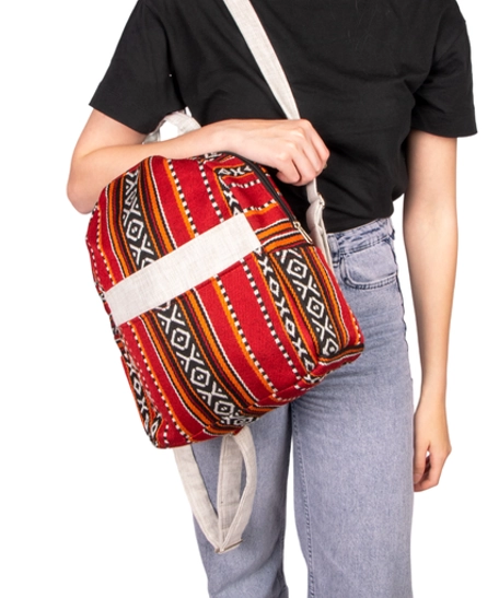 Practical Red Backpack Made of Durable Sadu Fabric with Bedouin Designs