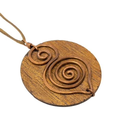 Classic Handcrafted Wooden Pendant Necklace Decorated with Brass Spirals 