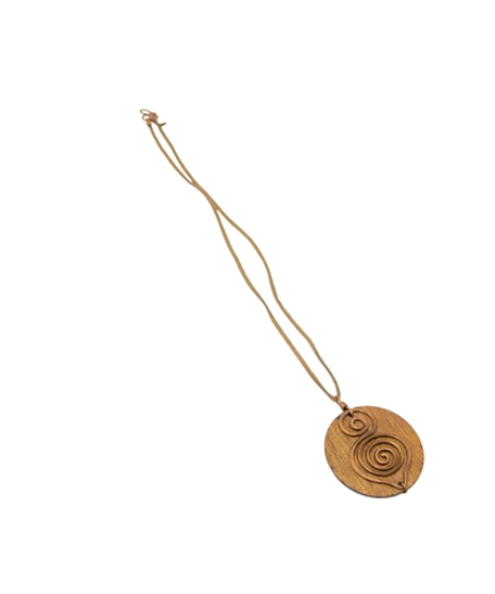 Classic Handcrafted Wooden Pendant Necklace Decorated with Brass Spirals 