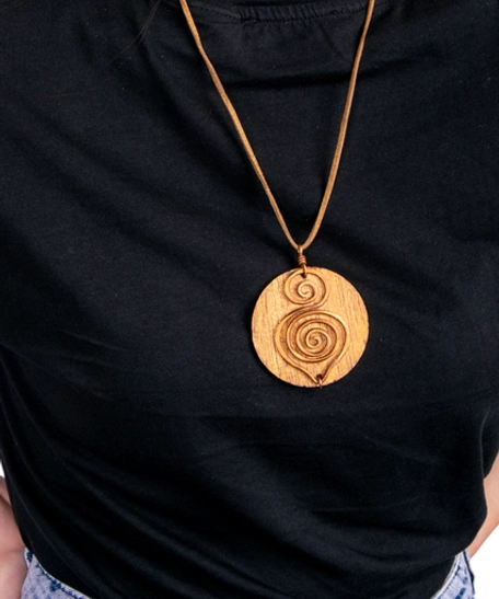 Classic Handcrafted Wooden Pendant Necklace Decorated with Brass Spirals 