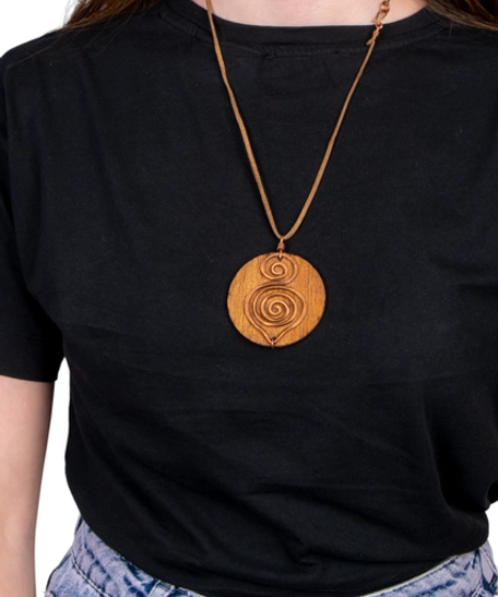 Classic Handcrafted Wooden Pendant Necklace Decorated with Brass Spirals 